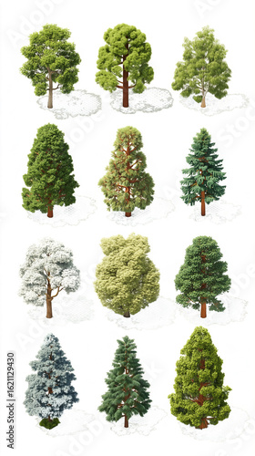A dynamic series of axonometric tree visualizations, shot from a conceptual bird's eye view. Each tree floats gently, creating a hovering effect without any grounding elements - perfect for schematic 