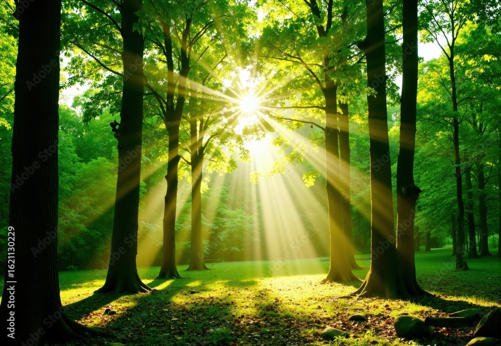 Obraz premium Sunlight Through Deciduous Trees in a Forest Clearing