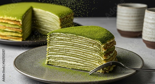 Delicious matcha crepe cake with layers of cream and tea powder