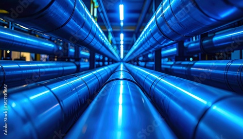 Industrial Metallic Pipeline System with Blue Lighting and Clean Perspective View