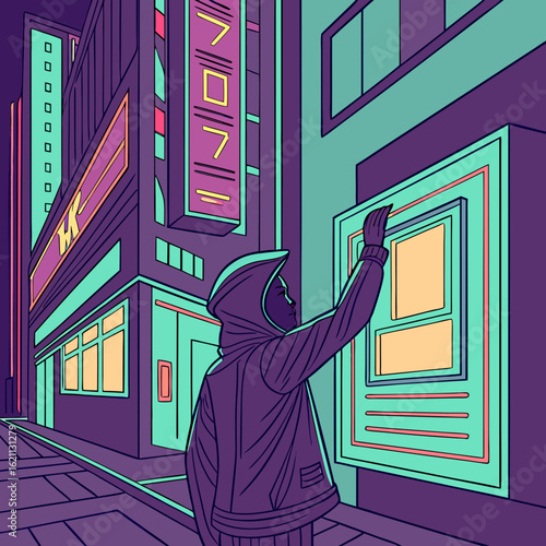 Person in futuristic city touching a glowing digital display