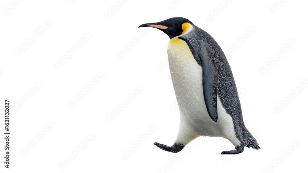 Fototapeta premium Emperor penguin walking sideways on ice with wet feather details and natural cold light, real look, full view, on white background, 4k, unique, no blur, clear view