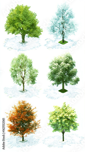 A dynamic series of axonometric tree visualizations, shot from a conceptual bird's eye view. Each tree floats gently, creating a hovering effect without any grounding elements - perfect for schematic 