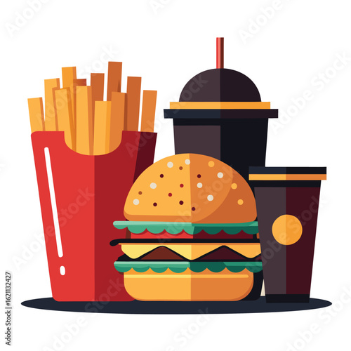 Burger, fries, and drink combo meal on White Background