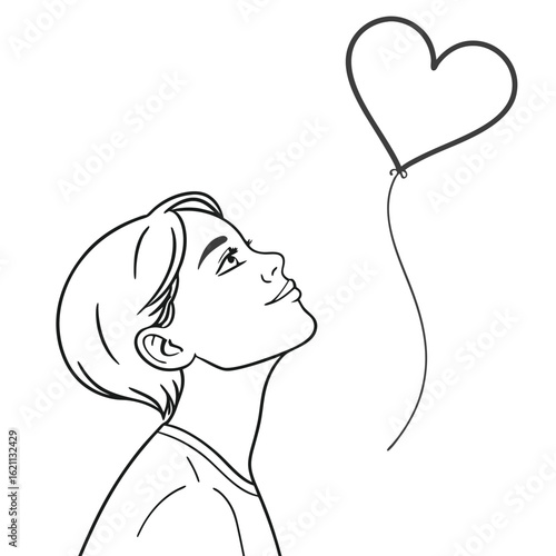 A thoughtful profile of a person gazing upward at a floating heart outline depicting love and affection