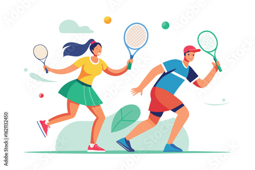 Active people playing tennis recreational sport with energetic movements and modern flat design on white background