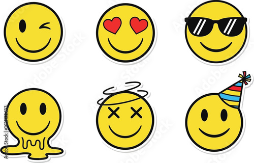 Yellow Smiley Face Sticker Set with Various Expressions
