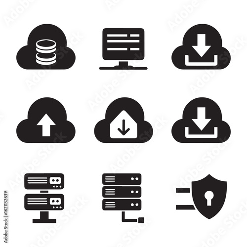Cloud computing data storage upload download server security icons