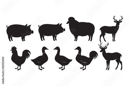 Farm animals silhouettes collection pigs sheep deer rooster geese