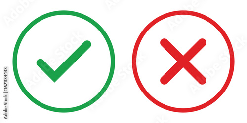 Right and wrong vector icon set rounded color black outline, flat rounded check mark, cross, x mark, circle shape thin line tick mark symbol. Approval and rejection signs isolated on white background
