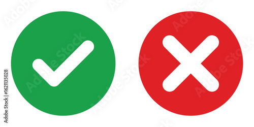 Set of green checkmark, red cross, x mark icon, flat rounded right and wrong sign concept vector illustration. tick mark symbol and x cross icon