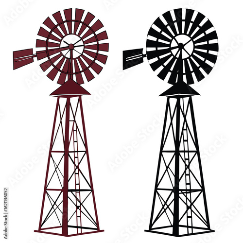 Two detailed illustrations of windmills one in a maroon color scheme and the other in a black color scheme against a white background
