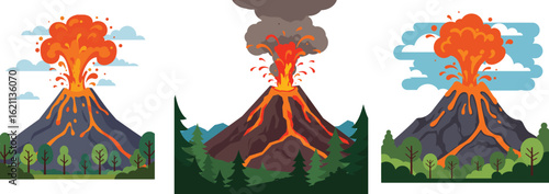 Explosive Volcano Eruption Vector Set with Lava, Smoke, and Forest Landscape – Natural Disaster Illustration