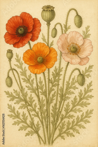 Botanical plate of wild poppies red orange pale pink seed pods feathery foliage vintage engraving watercolor wash high botanical accuracy parchment background