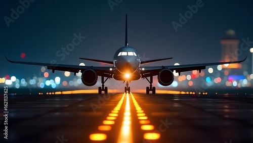 Airplane landing at sunset, jetliner taxis on a nighttime runway