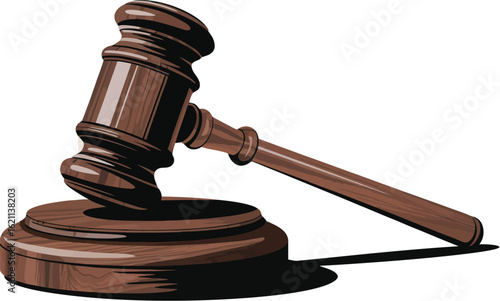 Gavel Justice and Law - Illustration of a Wooden Judge's Gavel on a Wooden Base