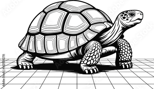 Detailed black and white line art illustration of a giant land tortoise. Monochromatic vector drawing of a slow reptile with a large shell.