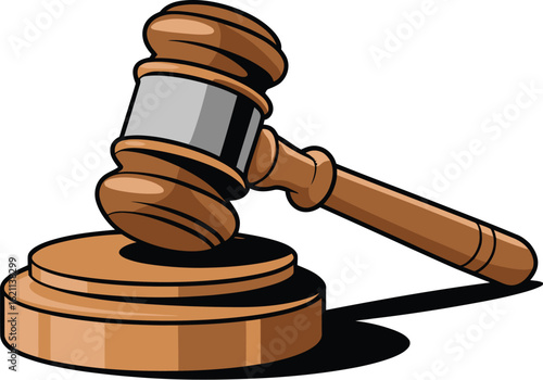 A digital illustration of a wooden gavel and sound block, commonly used in legal proceedings, auctions, and official meetings, symbolizing authority, justice, and decisive action.