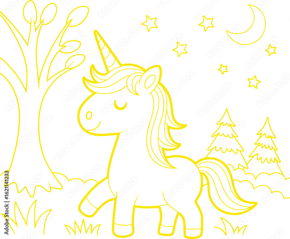 Naklejka premium Unicorn under moon and stars with trees and grass silhouette vector