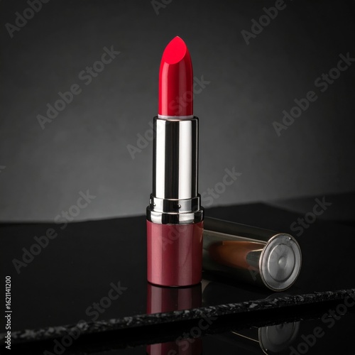 Close Up of Red Lipstick with Silver Tube on Dark Reflective Surface Studio Shot