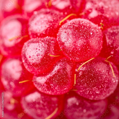 Close Up of a Fresh Red Raspberry with Water Droplets Detailed Texture