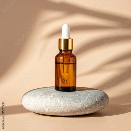 Amber Glass Serum Bottle with Dropper on Stone with Shadow on Beige Backdrop