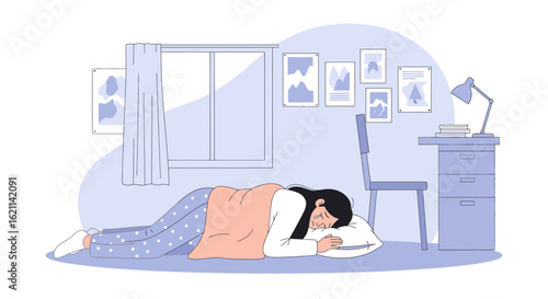 Exhausted Woman Sleeping Peacefully On Floor In Her Bedroom Design Style