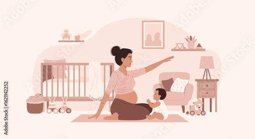 Expecting Mother Does Yoga With Her Baby At Home In Nursery Room