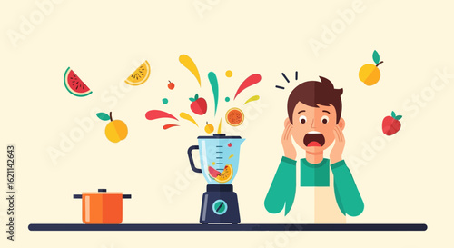 Explosion Of Fruit While A Shocked Man Makes Smoothie In Kitchen