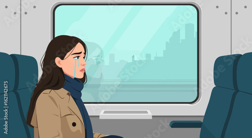 Expressing Emotions In Transit Girl Crying On A Train With Cityscape View