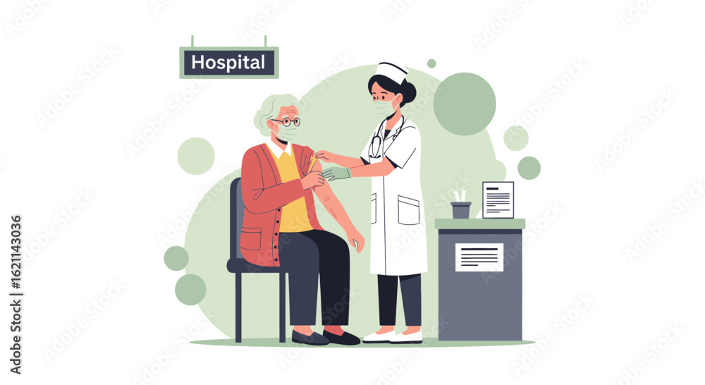 Obraz premium Elderly Person Receives Vaccine Shot From Healthcare Professional At Hospital