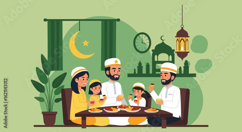 Family Breaking Fast Together During Ramadan Holiday with Traditional Food