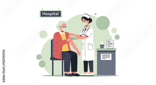 Elderly Person Receives Vaccine Shot From Healthcare Professional At Hospital