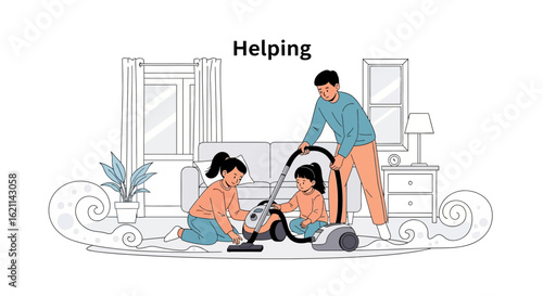Family Cleaning Together A Modern Home And Family Engaged Housekeeping Activity