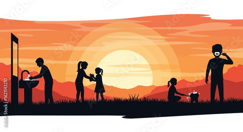 Family Maintaining Hygiene Outdoors During Peaceful Sunset Scene Illustration