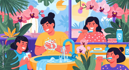 Family Hygiene Time In A Lush And Airy Bathroom With Tropical Plants And Orchids