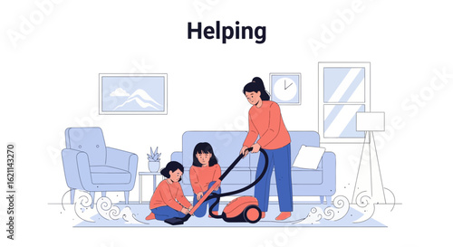 Family teamwork: Mother and daughters cleaning the house together happily vector illustration