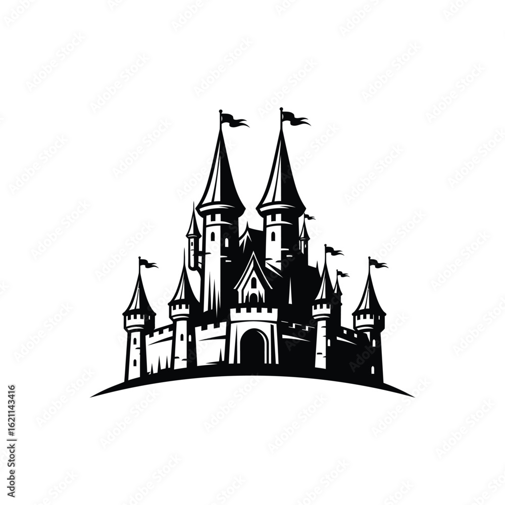 Obraz premium Majestic Medieval Castle Illustration A Black and White Vector Graphic Design