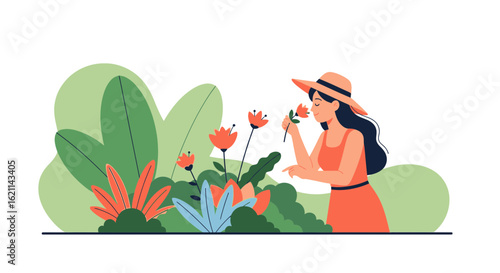 Elegant illustration of a woman in a garden, smelling a flower with vibrant flora