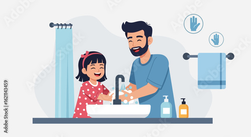 Father And Daughter Wash Their Hands Together In The Bathroom Illustration