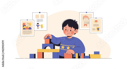 Cute Boy Is Playing With Colorful Wooden Building Blocks At Home