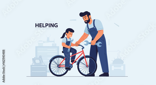 Father And Daughter Working On Bicycle Together Bonding Childhood Concept