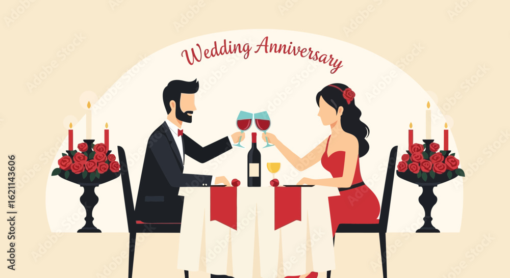 Obraz premium Elegant wedding anniversary illustration with couple toasting at dinner celebration