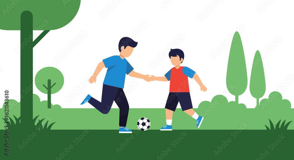 Fototapeta premium Father And Son Enjoying Time Playing Soccer In The Park Together