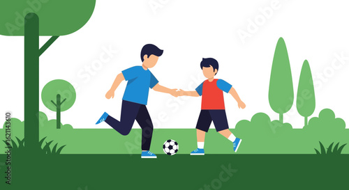 Father And Son Enjoying Time Playing Soccer In The Park Together