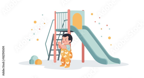 Cute illustration of a happy baby playing near a slide in a playground vector