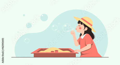 Cute little girl blowing bubbles near a sandpit with a hat on a sunny day illustration
