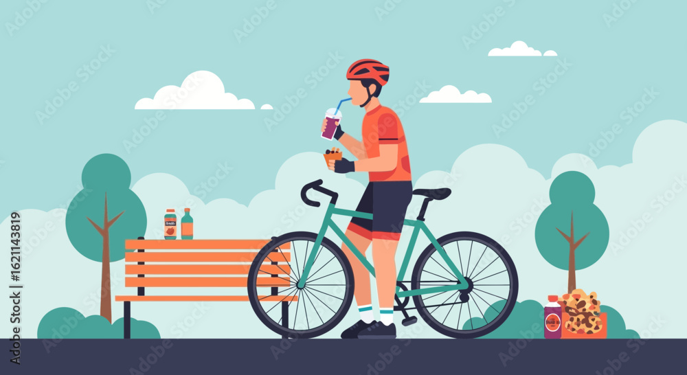 Fototapeta premium Cyclist Taking A Break Enjoying Refreshments In Nature Healthy Lifestyle