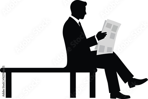 Silhouette of a businessman sitting on a bench and reading a newspaper, isolated on white background he is wearing a suit and tie, looking professional
