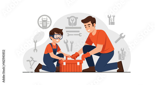 Father And Son Working Together On Projects Cartoon With Tool Box Repairing